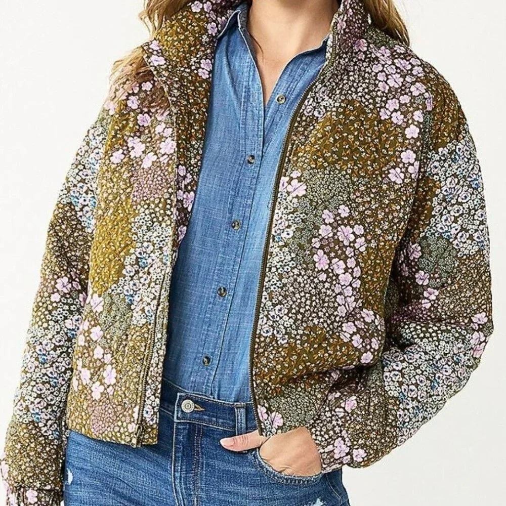 Sonoma Goods For Life Womens XL Floral Quilted Puffer Bomber Jacket Full Zip